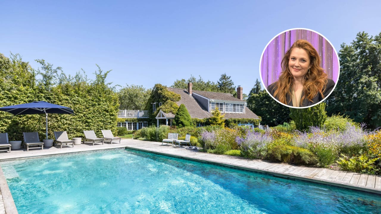 Drew Barrymore is selling her house in the Hamptons.
COMPOSITE: LENA YARAMENKO FOR SOTHEBY'S INTERNATIONAL REALTY; GETTY IMAGES