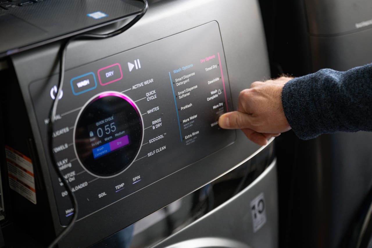 Capacitive buttons sit flush on hard surfaces and don’t give way when you press, as on the UltraFast Combo washer dryer. Photo: Jon Cherry for WSJ