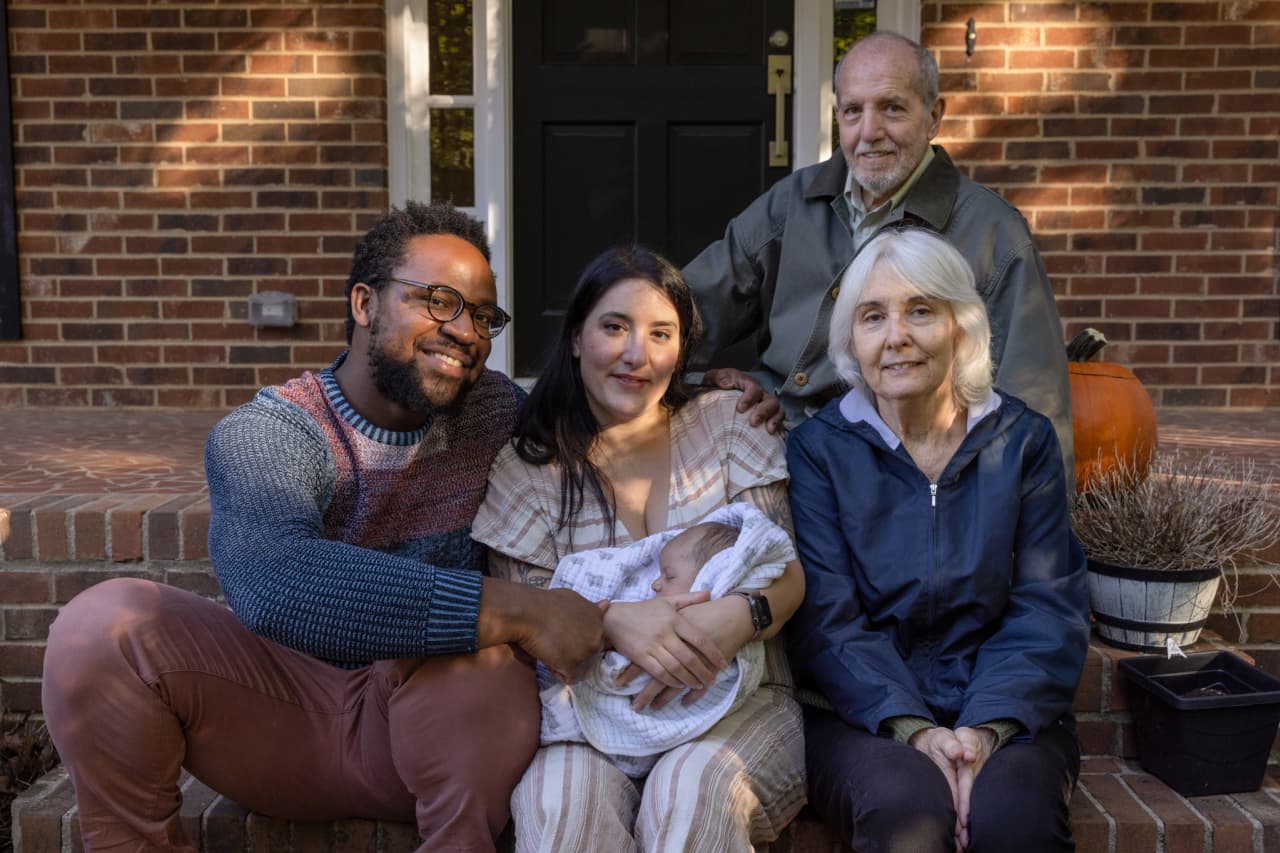 Kait and Tamrin Giordano juggle caring for their newborn and for Kait’s live-in parents, William and Valerie, who have dementia.